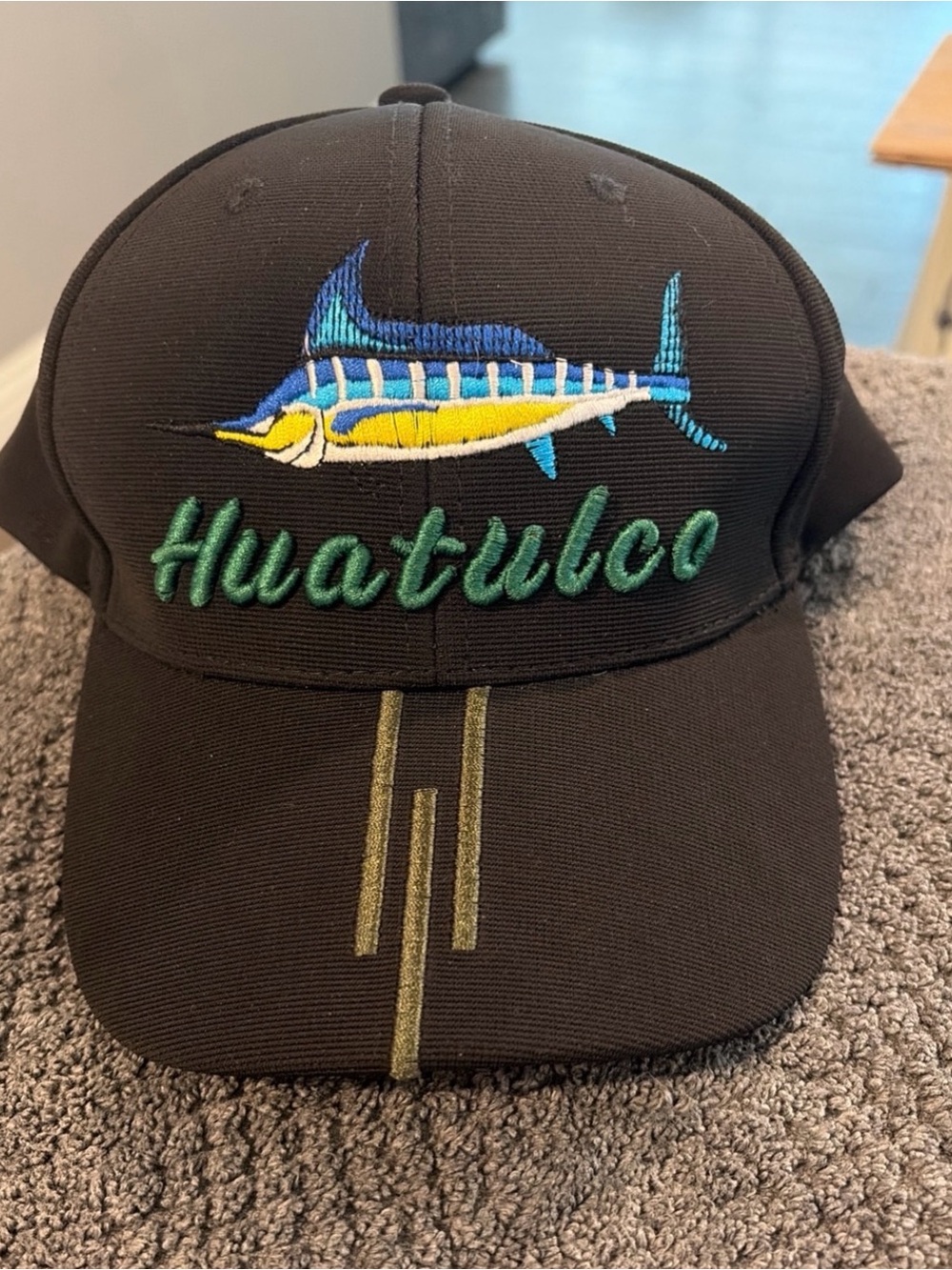 Black Fishing Hat with Blue & Yellow Marlin Embroidery